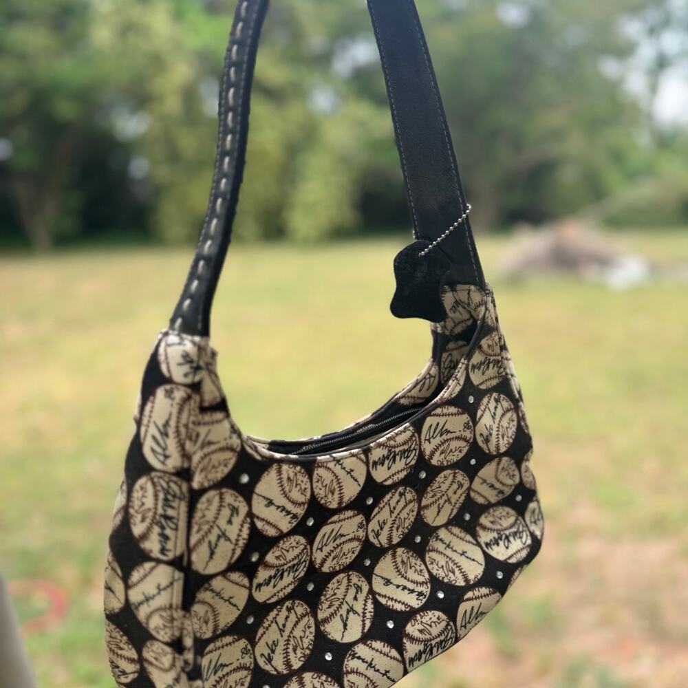 Baseball Print Mini Shoulder Bag Purse Black & Tan Hobo Handbag